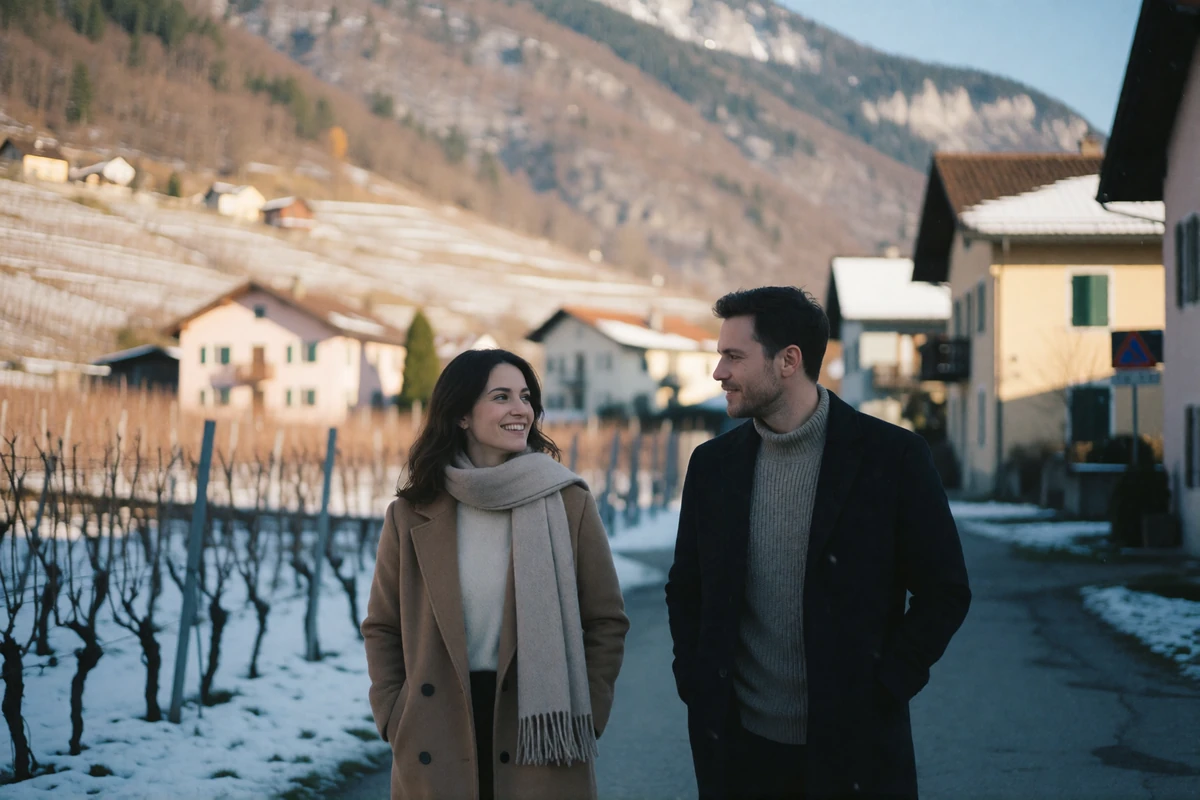 Couple in their thirties walking slowly along a quiet Alpine village lane past low pastel houses and a snow-dusted mountain ridge