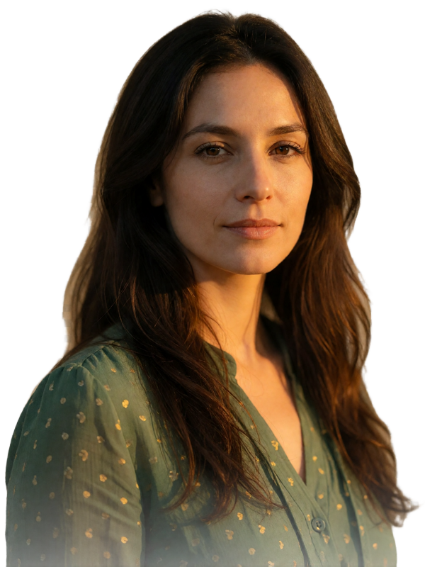 Portuguese woman in a soft green blouse with a calm friendly expression in a portrait cut from a plain background