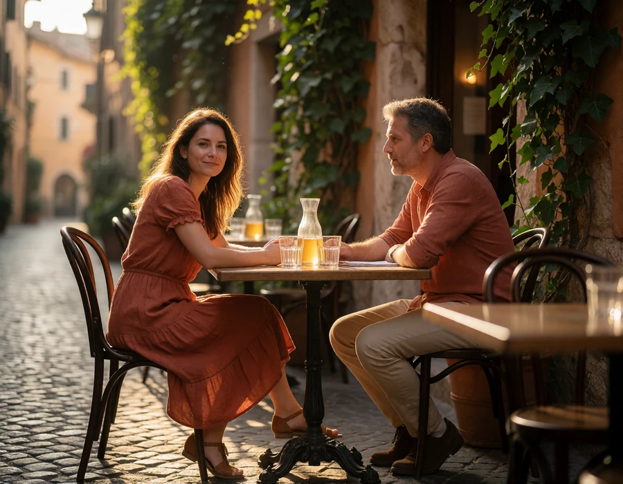 Couple in their late thirties seated at a small trattoria table on a quiet cobbled Roman street