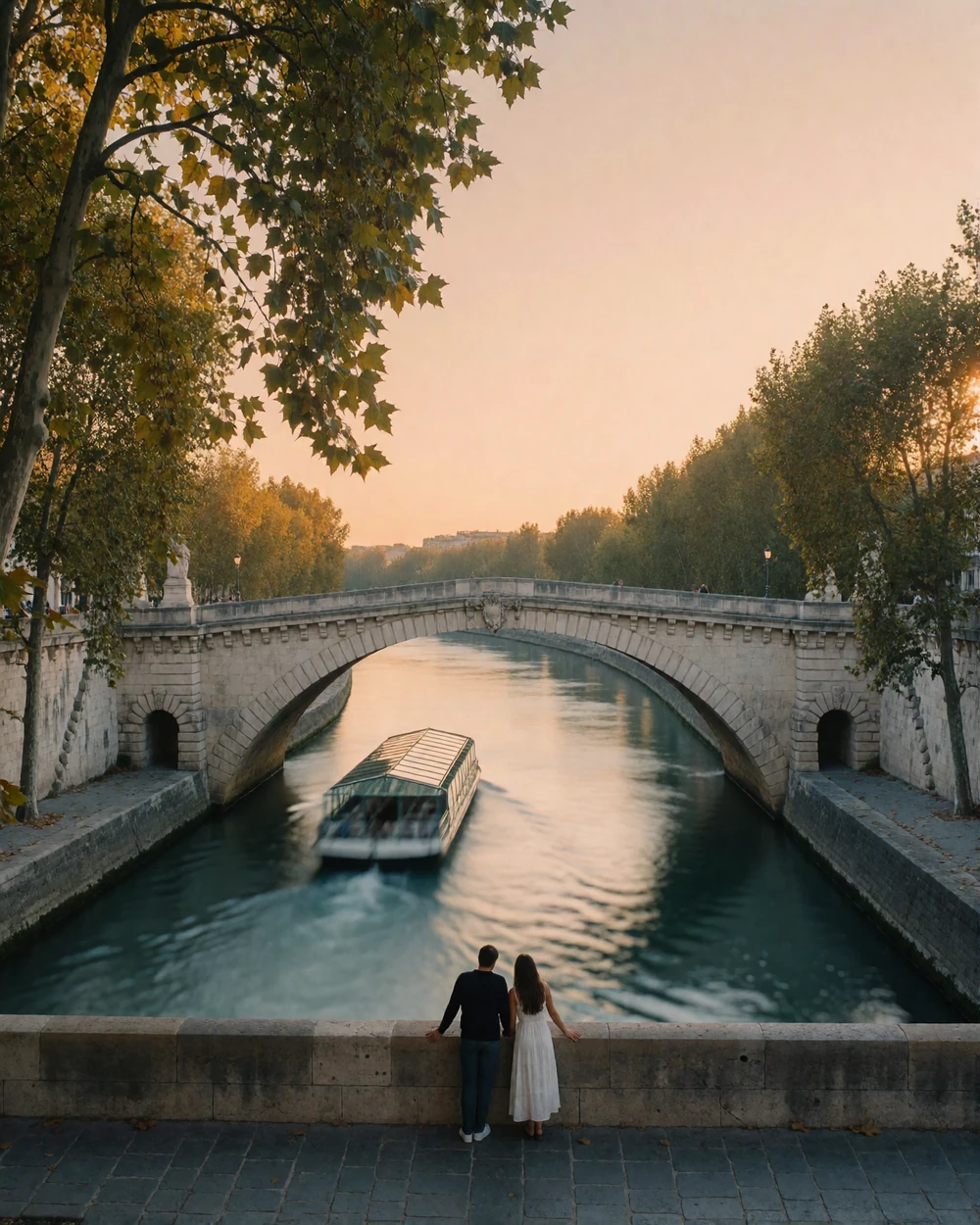 Couple leaning on a stone bridge over the Seine at sunset with a glass-roofed river boat passing below