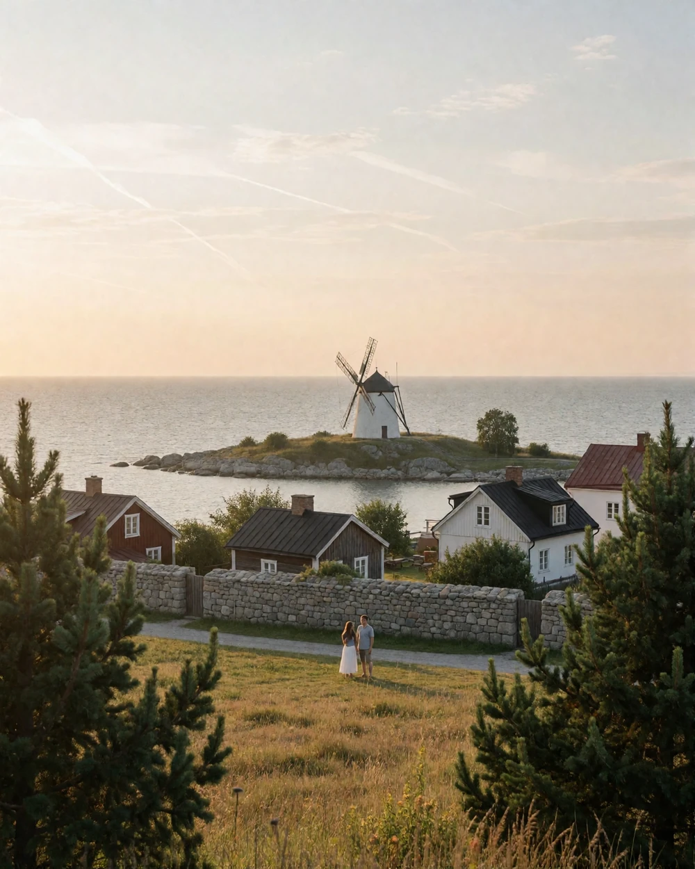 Couple standing on a grassy path near a stone windmill in a small Estonian island harbor town