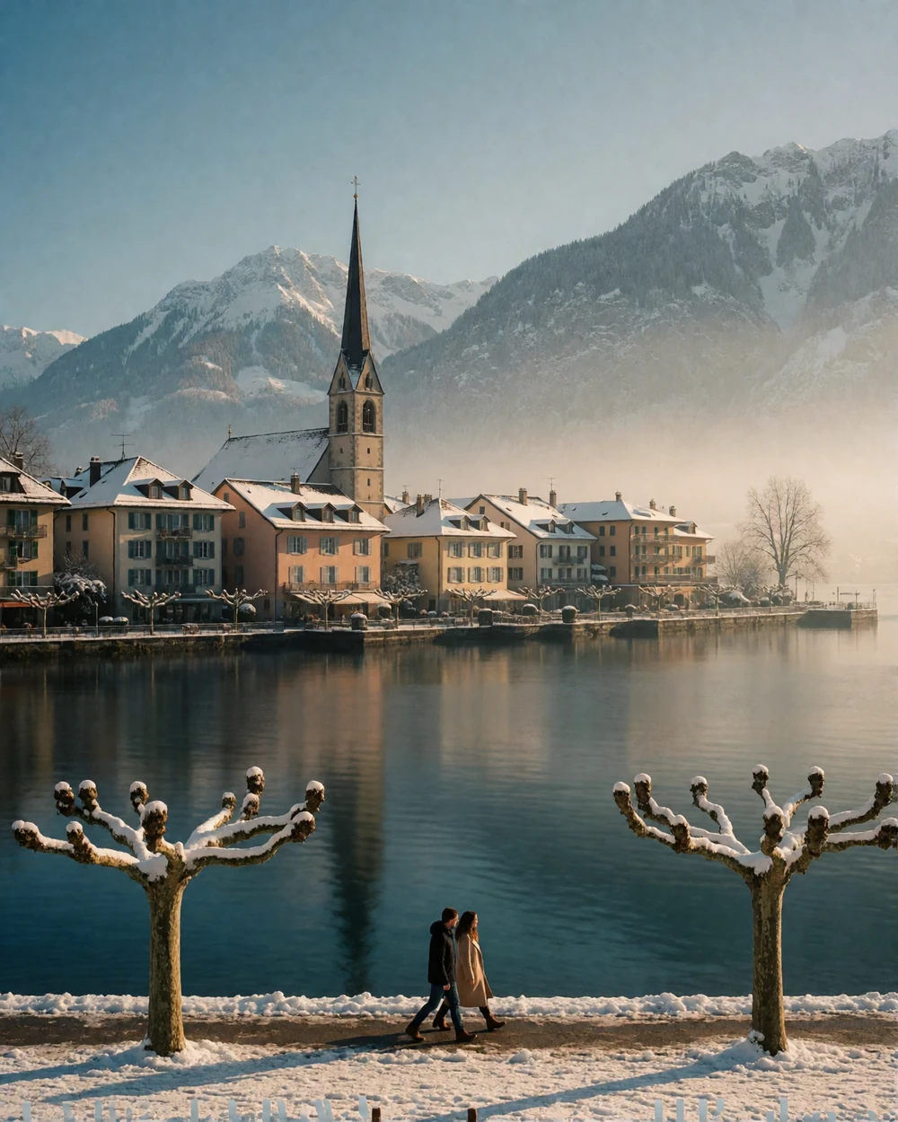 Couple walking along a snow-dusted promenade in a Swiss lakeside town beneath snowy peaks