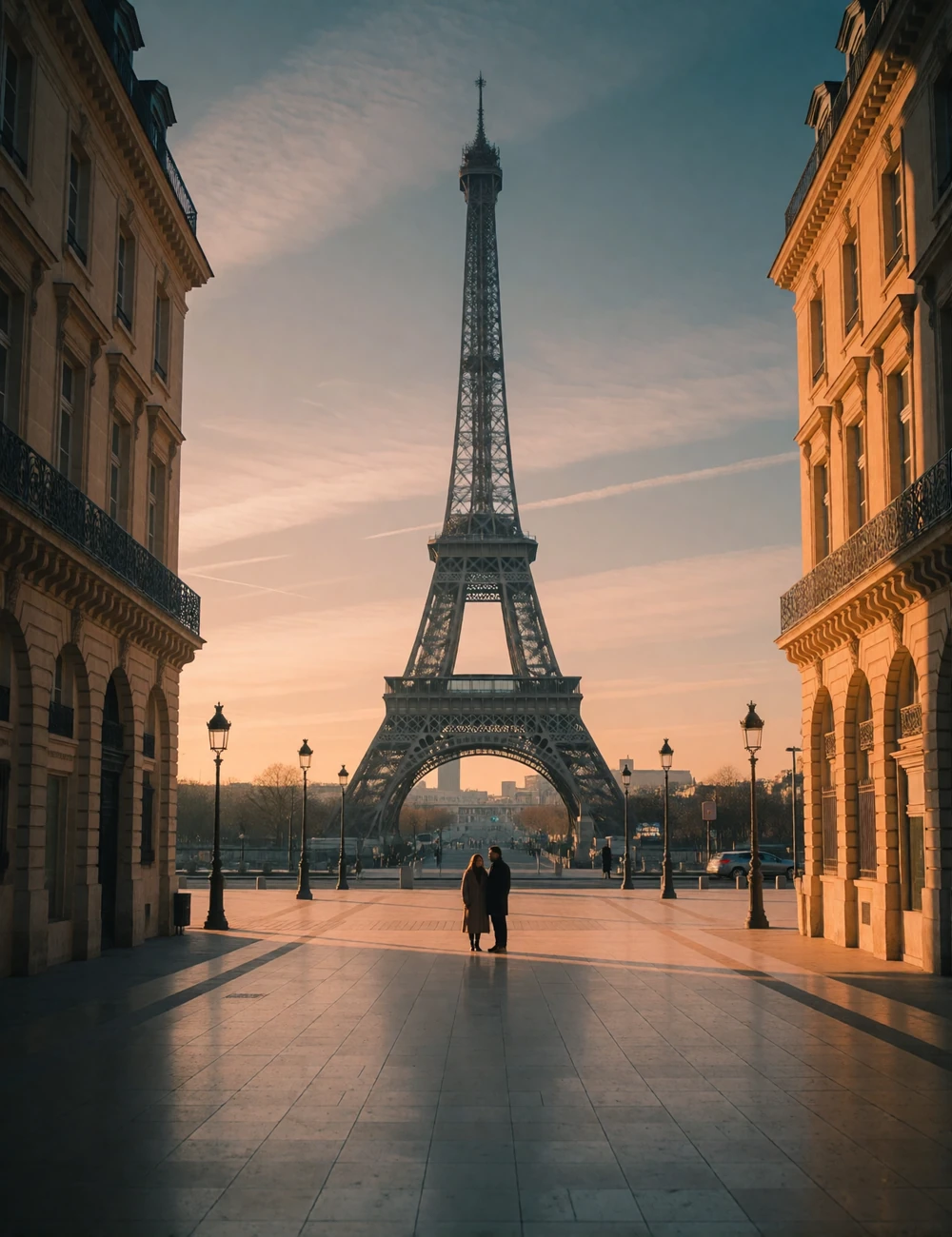 Couple standing on a Parisian esplanade beneath the Eiffel Tower at sunset