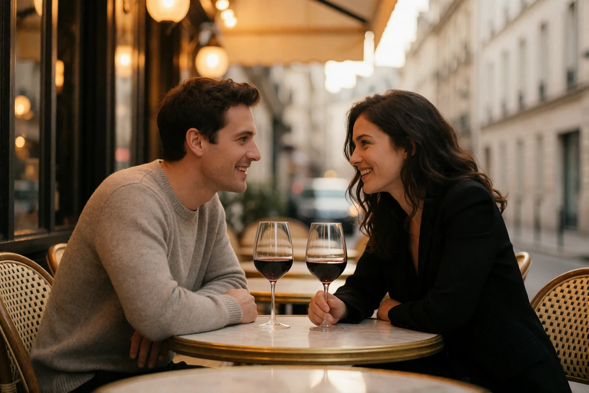 Couple leaning toward each other over wine glasses at a small marble table on a Parisian bistro terrace at dusk
