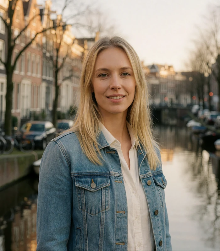 Dutch woman with straight blonde hair and a denim jacket beside a softly blurred Amsterdam canal