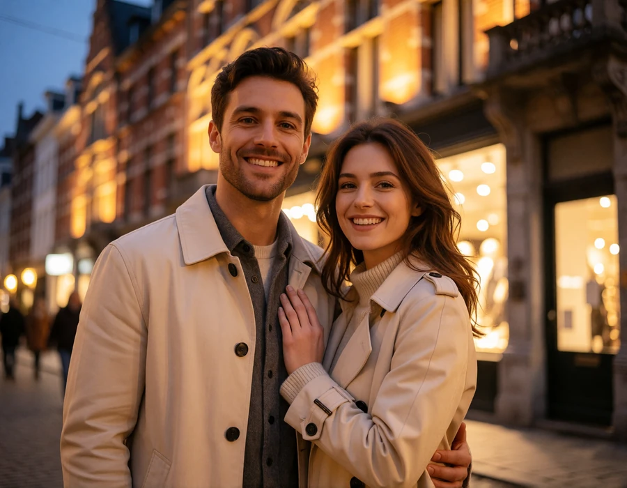 Cheerful couple in their thirties on an Antwerp street at dusk with warm shopfront lights blurred behind ornate brick façades