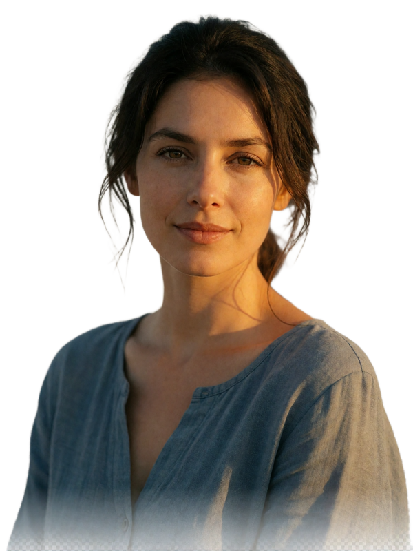 Greek woman with dark hair loosely tied back smiling gently toward the camera
