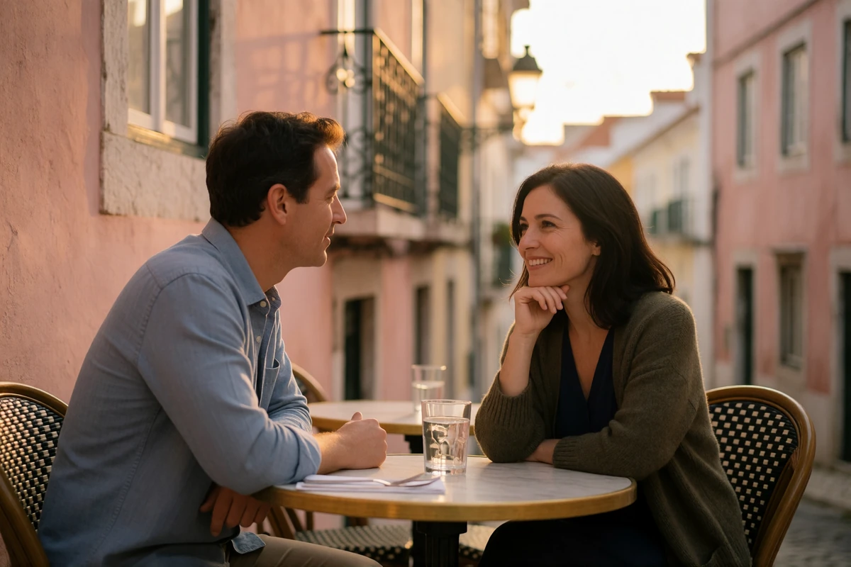 Couple in their late thirties smiling at a small outdoor café table on a narrow Lisbon street in warm evening light