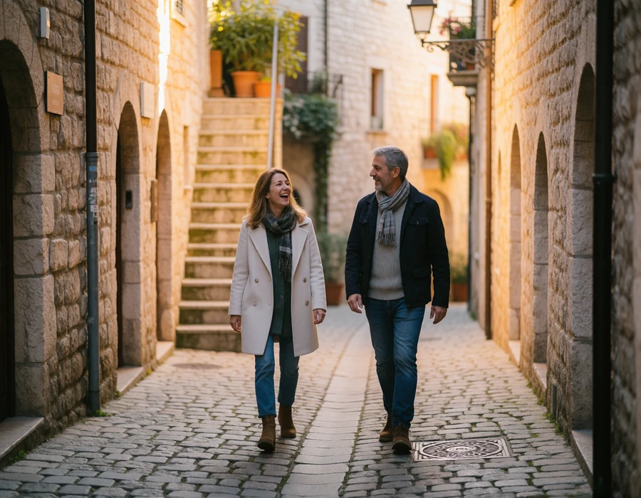 Couple in their forties walking together up a narrow cobbled lane in the historic centre of San Marino