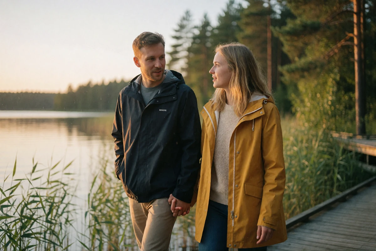 Couple in their thirties walking together along a wooden lakeside boardwalk in Finland at golden hour