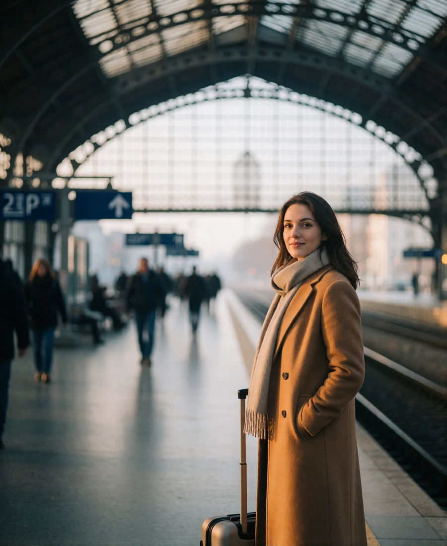Woman with a small suitcase checking the platform direction at a European railway station