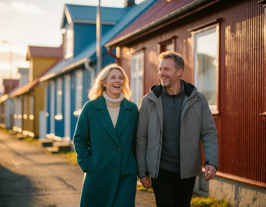 Couple laughing together on a colourful Reykjavik street lined with corrugated houses