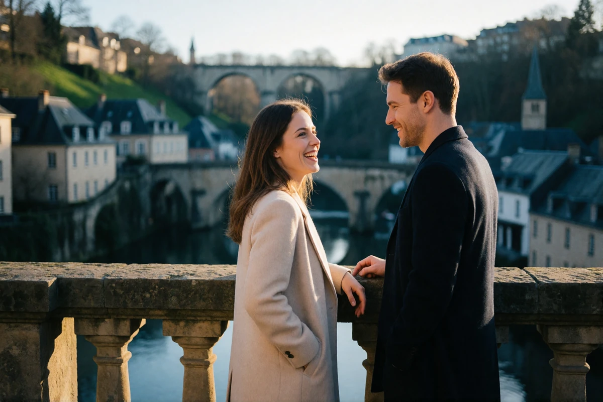 Couple in their thirties at a stone balustrade overlooking the Grund quarter of Luxembourg City at early evening