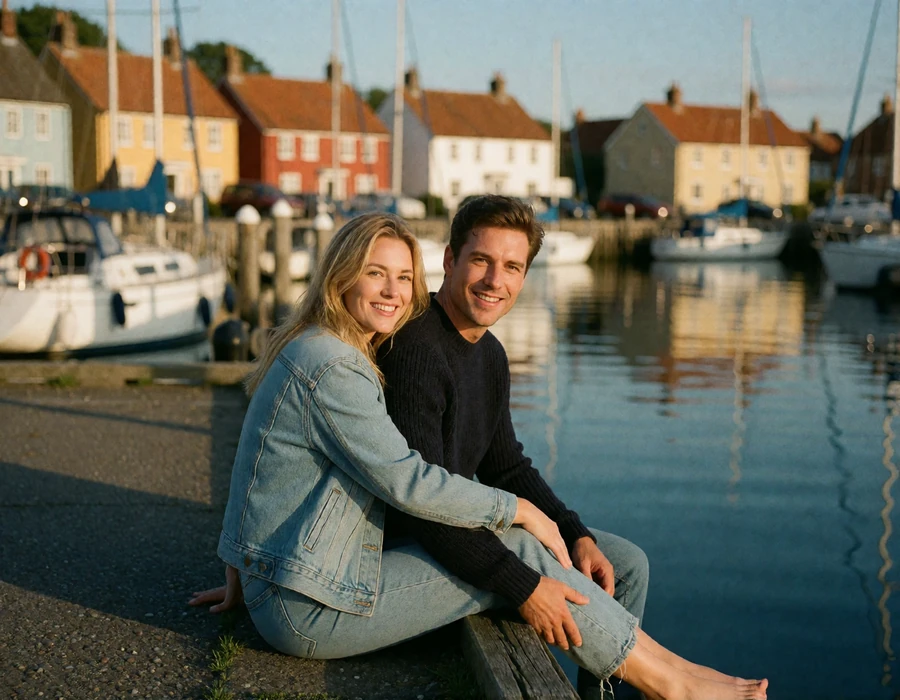 Smiling couple sitting on a wooden harbour edge in Copenhagen with colourful houses and moored boats behind them