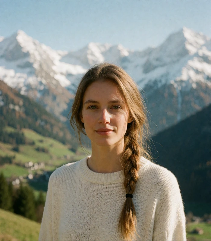 Swiss woman in a cream knit sweater with snow-dusted alpine peaks blurred behind her