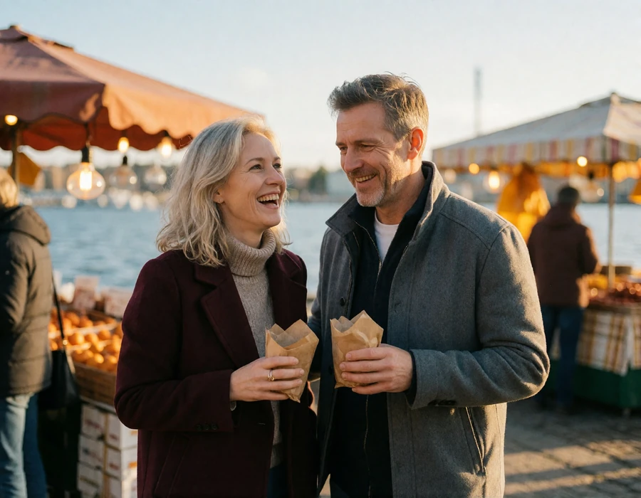 Couple in their forties laughing together at a Helsinki harbour market holding paper cups