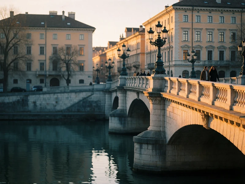 Couple walking across a lamplit stone bridge in a European capital at dusk