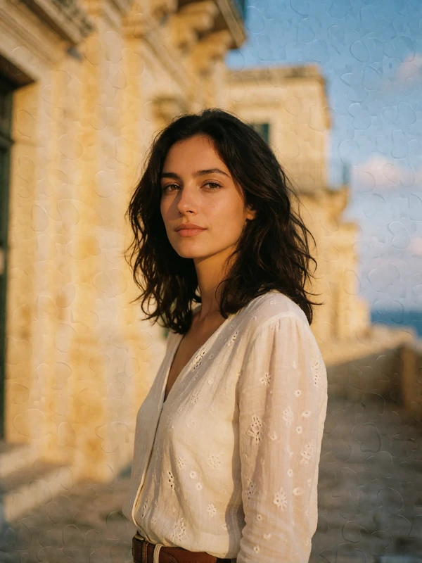 Woman with dark wavy hair standing before honey-coloured Valletta limestone architecture in Malta