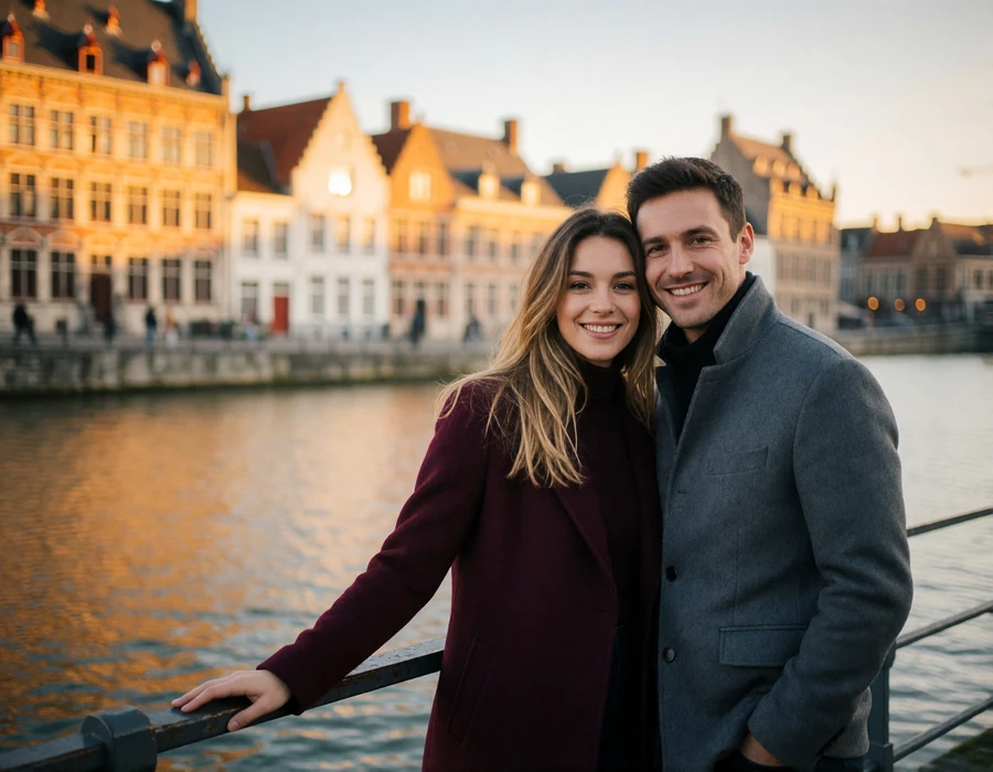 Couple in their thirties leaning together at a Ghent waterfront railing with historic guild houses softly blurred behind them