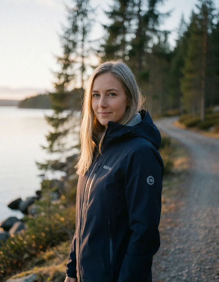 Norwegian woman in a navy technical jacket smiling gently at a lakeside path outside Oslo